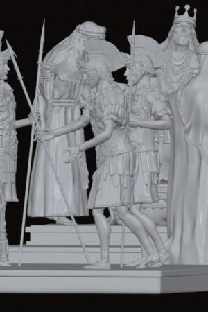 White sculptural group on a stepped pedestal featuring armored warriors and a crowned regal figure.