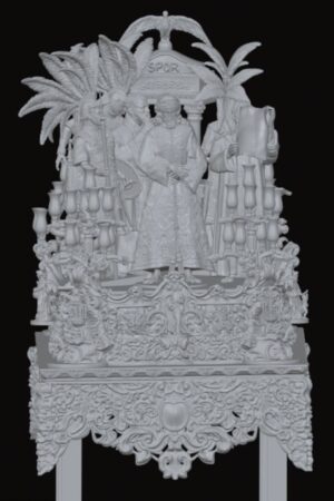 Central cleric figure in ornate robes stands on an elaborately carved ceremonial float with numerous candleholders and attendants.