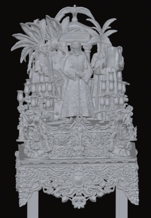 Central cleric figure in ornate robes stands on an elaborately carved ceremonial float with numerous candleholders and attendants.