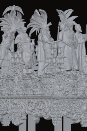 Intricately carved parade float with multiple figures in traditional clothing, palm trees, and numerous candleholders on an ornate base.