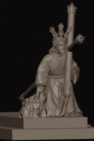 Statue of a kneeling religious figure wearing robes, holding a tall cross on his shoulder, with a crown of thorns and ornate details on a stepped pedestal against a dark background.