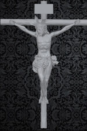 White statue of Jesus on a wooden cross with a crown of thorns, set against a dark damask-patterned background.