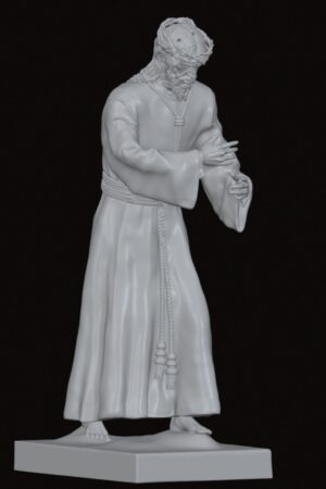 White statue of Jesus standing in a robe with a rope belt, hands clasped, wearing a crown of thorns, on a rectangular base.