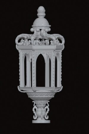 Ornate, vintage lantern with arched panels and intricate scrollwork set against a dark background (white 3D model).