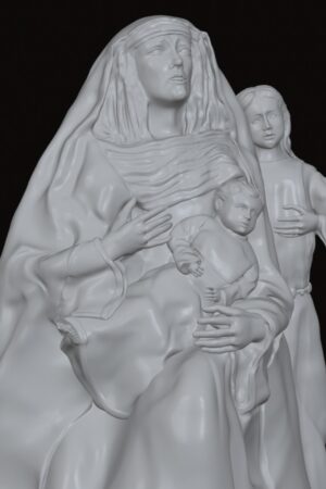 White marble statue of Madonna holding baby Jesus, with a second woman standing beside them.