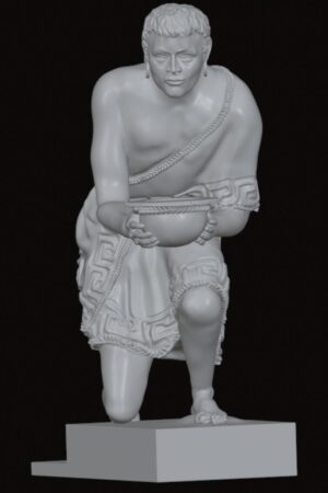 Statue of a kneeling person in traditional attire, holding a round bowl with both hands, on a rectangular pedestal against a dark background.