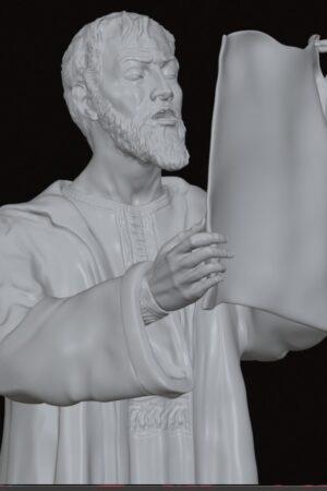 White statue of a bearded man in a robe holding and examining a scroll, set against a dark background.