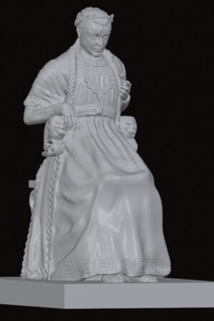 White statue of a seated woman in traditional dress with braided hair and jewelry, on a square pedestal.