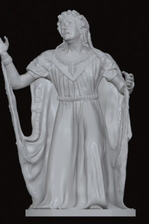 White sculpture of a regal woman in an ornate gown with a cape, arms raised, standing on a pedestal.