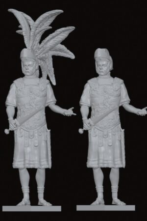 Two identical ancient warrior figurines in ornate armor with tall feather plumes and swords by their sides.