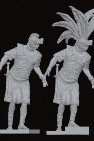 Two identical ornate warrior figurines in detailed armor, standing on bases, with one featuring a large feathered headdress against a dark background (3D-printed model).