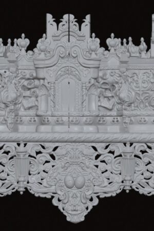Intricate Baroque-style carving: a symmetrical, throne-like structure with a central arched door, dense scrollwork, and ornate base against a black background.