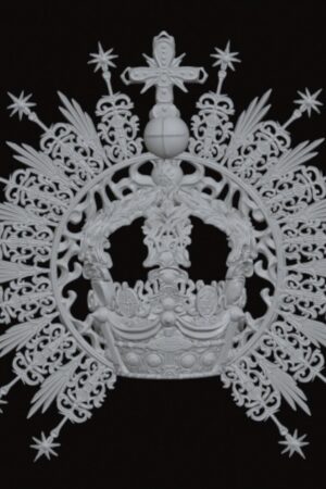 White ornate royal crown with intricate filigree and starburst rays against a black background