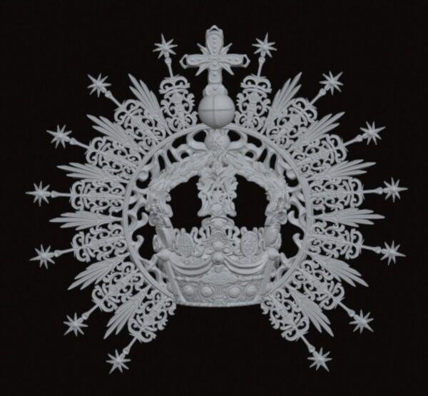 White ornate royal crown with intricate filigree and starburst rays against a black background