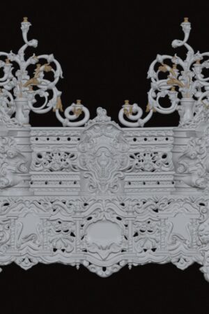 Elaborate white carved ceremonial carriage with curling scrollwork and two ornate candelabras against a black background.