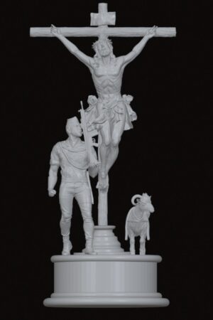 Group of sculpted figures: Jesus on the cross with a Roman soldier standing at the base, and a goat standing beside a stepped pedestal on a round plinth.