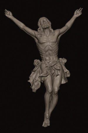 3D statue of a muscular man with arms raised, bare chest, and a flowing cloth around the waist against a dark background, as if crucified.