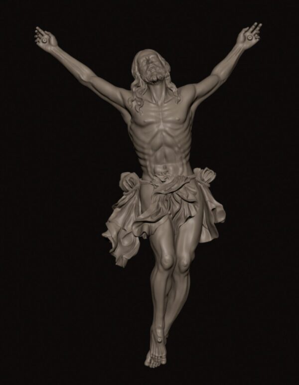 3D statue of a muscular man with arms raised, bare chest, and a flowing cloth around the waist against a dark background, as if crucified.