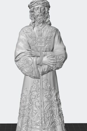 Religious statue of Jesus with a crown of thorns, hands crossed, wearing ornate robes and rope tassels, barefoot on a grid backdrop