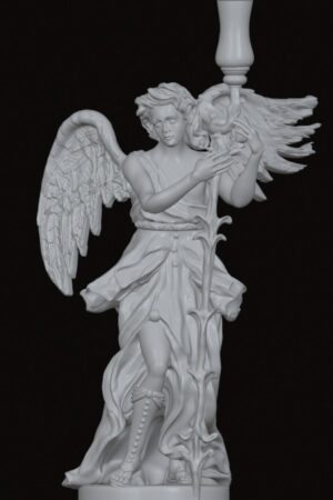 White angel statue with large wings, holding a tall decorative staff and a lamp perched above, standing on a round base.