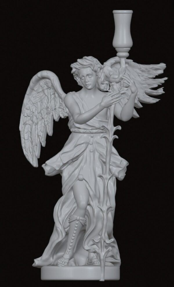 White angel statue with large wings, holding a tall decorative staff and a lamp perched above, standing on a round base.
