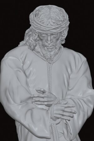 White statue of Jesus with a crown of thorns, bound hands, and a rope around the robe, in a solemn pose