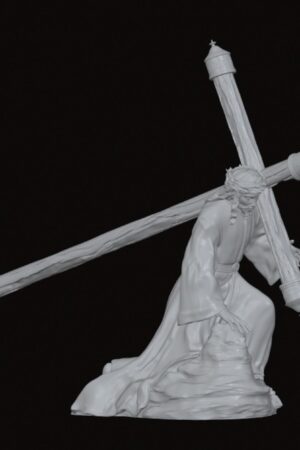 White religious statue showing a man in robes kneeling on a rocky base, carrying a large wooden cross across his shoulders.