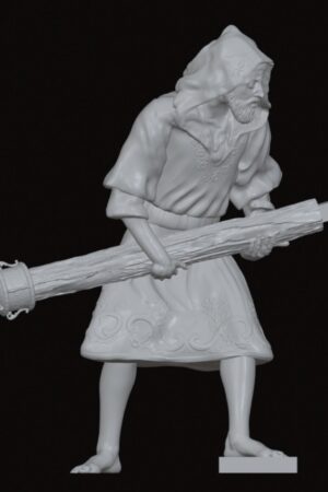 White figurine of a hooded man in robes gripping a large carved staff, standing on a display base.