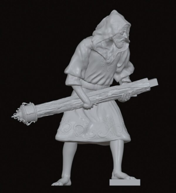 White figurine of a hooded man in robes gripping a large carved staff, standing on a display base.