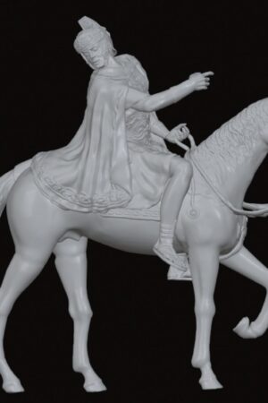 White sculpture of a warrior on a rearing horse, wearing a helmet and flowing cape, pointing forward with one arm.