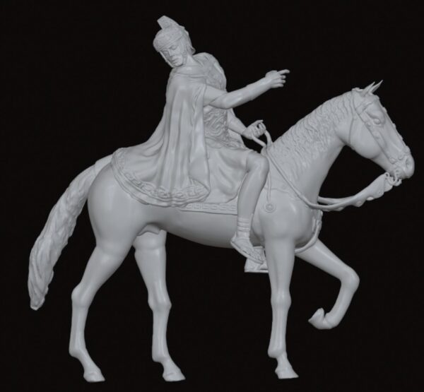 White sculpture of a warrior on a rearing horse, wearing a helmet and flowing cape, pointing forward with one arm.