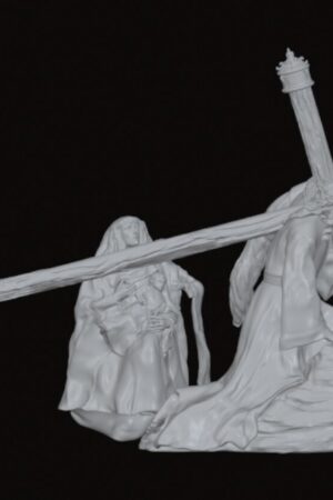 White 3D-printed diorama: a man carries a long crossbeam while robed figures cluster nearby; a mounted knight is on the right.