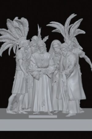 White statue depicting five robed male figures standing together on a rectangular base with stylized palm fronds behind them, set against a dark background.
